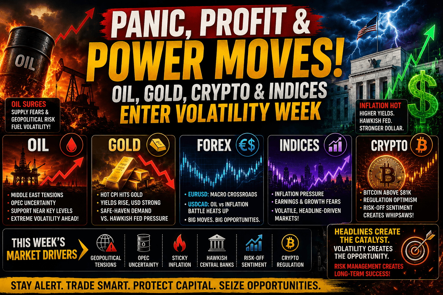 PANIC, PROFIT & POWER MOVES: Oil, Gold, Crypto and Indices Enter Volatility Week