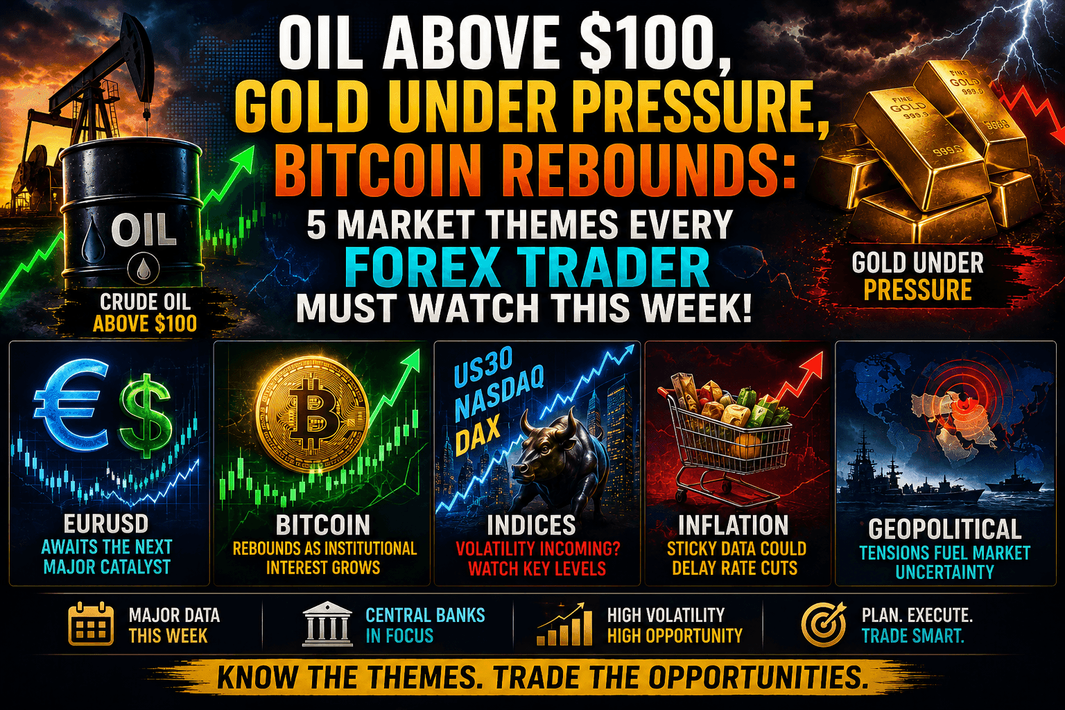 Oil Above $100, Gold Under Pressure, Bitcoin Rebounds: 5 Market Themes Every Forex Trader Must Watch This Week